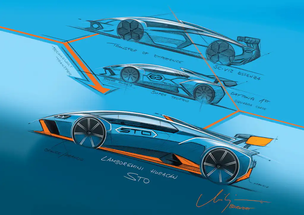 Concept sketches of a sleek blue and orange sports car design, showcasing aerodynamic features and labeled Lamborghini