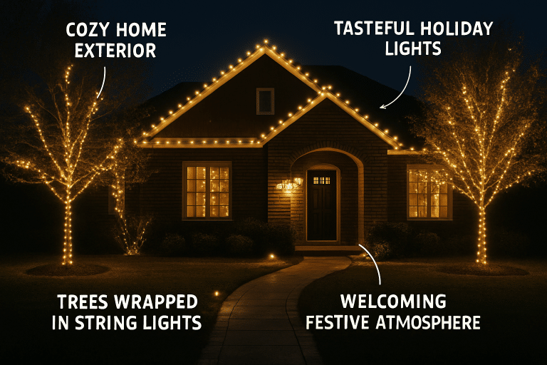 image Cozy house exterior adorned with warm, glowing holiday lights and trees wrapped in string lights, creating a welcoming festive atmosphere. | Sky Rye Design Cozy house exterior adorned with warm, glowing holiday lights and trees wrapped in string lights, creating a welcoming festive atmosphere.