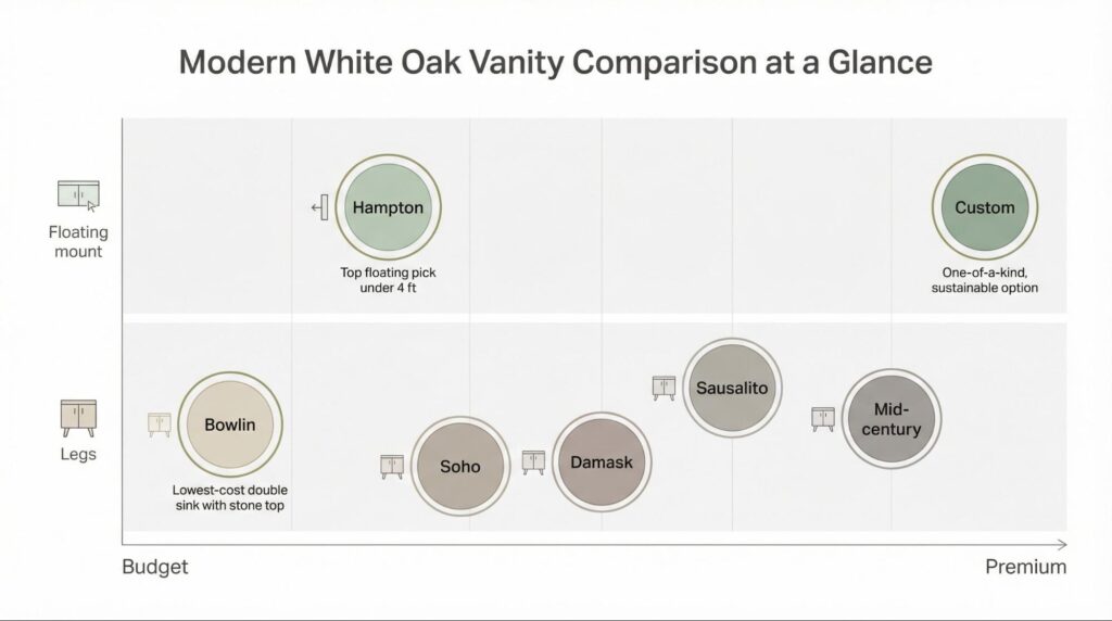 White oak vanity comparison: Bowlin, Soho, Damask, Sausalito, Mid‑century, Hampton, Custom positioned budget→premium and legs vs floating.