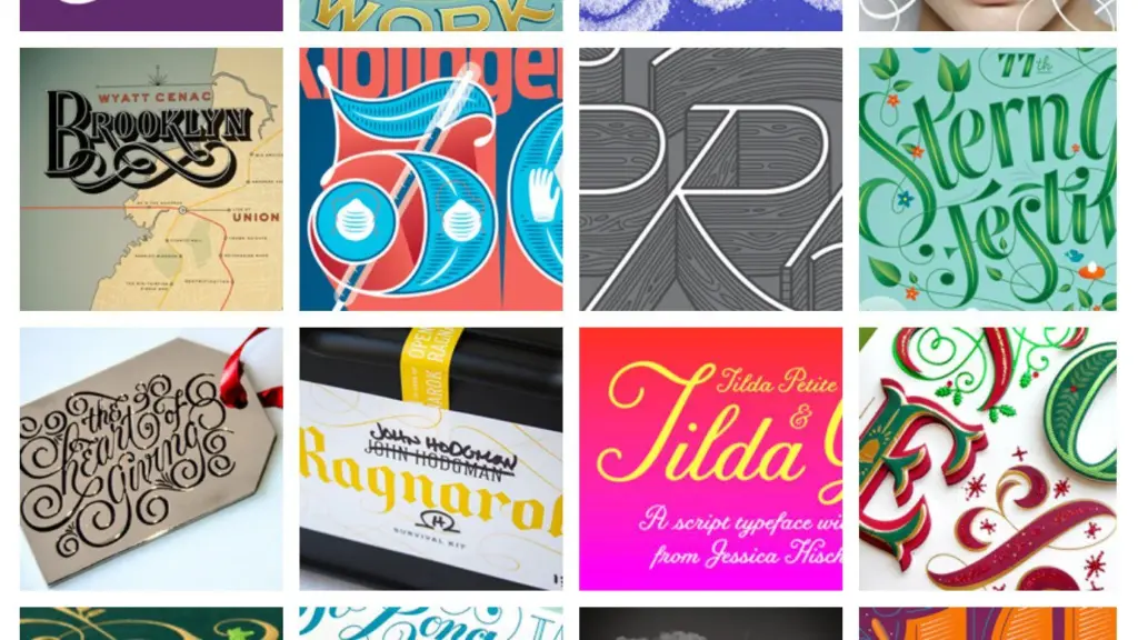 Collage of colorful typography designs showcasing various artistic and creative font styles, including script and ornamental