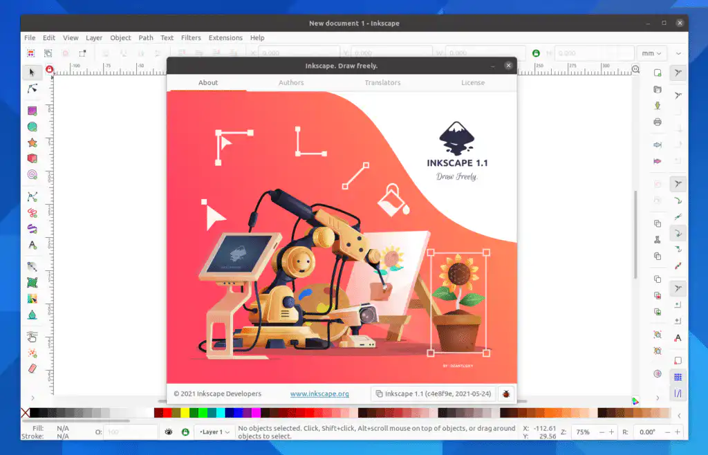 Inkscape 1.1 interface with robotic arm, digital artwork, and sunflower illustration, showcasing design and drawing tools.