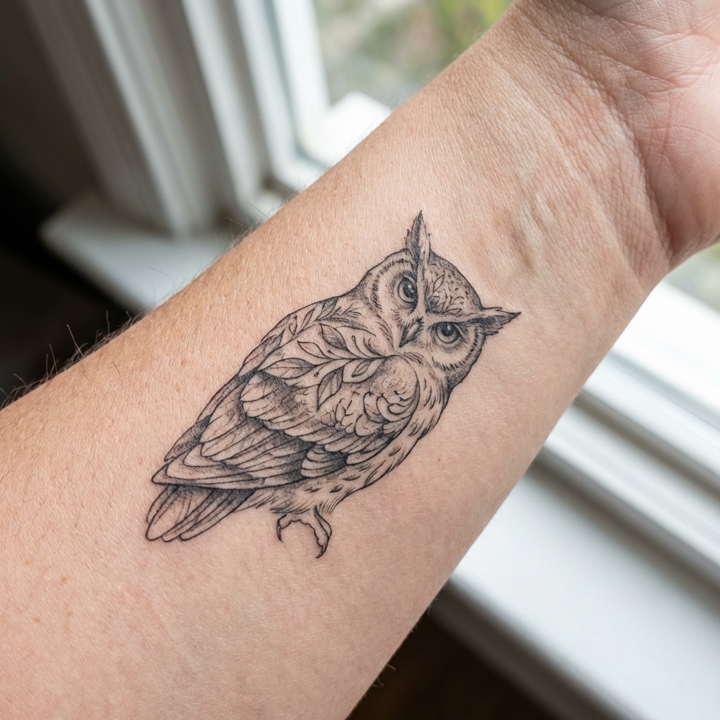 inkvision-tattoo 15 Detailed owl tattoo design on forearm, showcasing intricate feathers and eyes with natural light from window in background. | Sky Rye Design Detailed owl tattoo design on forearm, showcasing intricate feathers and eyes with natural light from window in background.