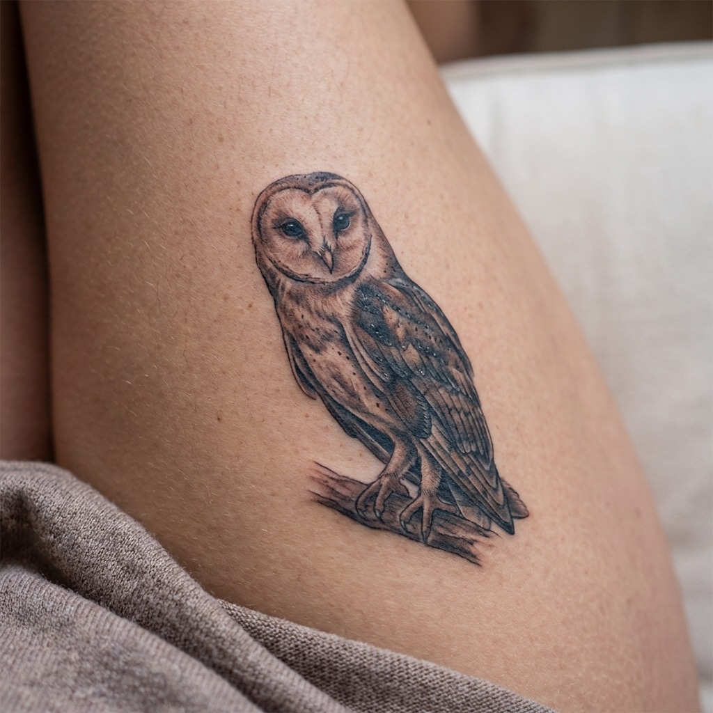 inkvision-tattoo 17 Barn owl tattoo on a person's leg, detailed artwork depicting the owl perched on a branch, showcasing intricate shading and features. | Sky Rye Design Barn owl tattoo on a person's leg, detailed artwork depicting the owl perched on a branch, showcasing intricate shading and features.