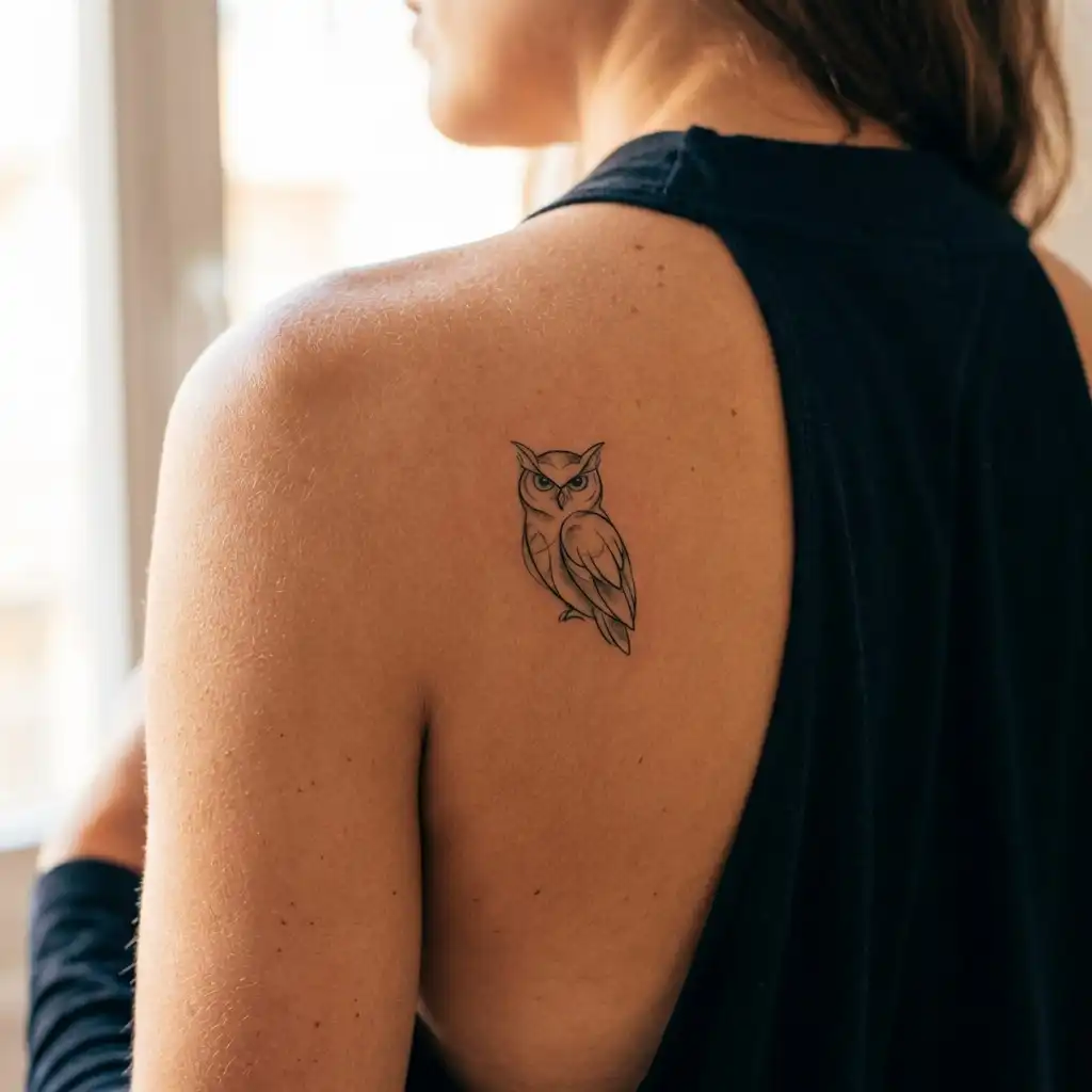 Woman with owl tattoo on shoulder wearing black sleeveless top, showcasing unique ink design in natural light.