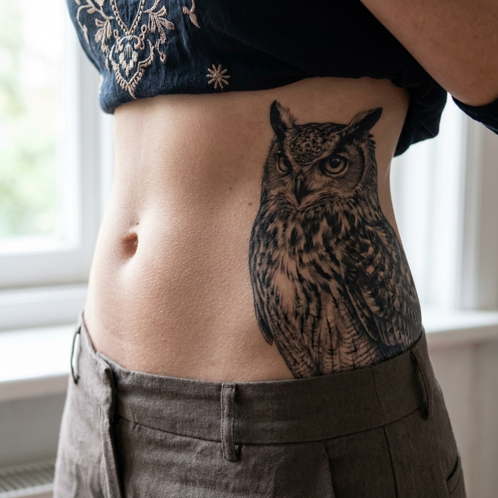inkvision-tattoo 19 Side tattoo of a detailed owl on a woman's torso, wearing a patterned top and brown pants, positioned near a window. | Sky Rye Design Side tattoo of a detailed owl on a woman's torso, wearing a patterned top and brown pants, positioned near a window.