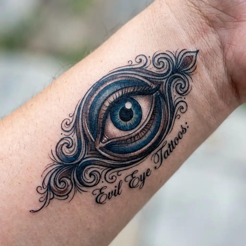 inkvision-tattoo 2 Intricate evil eye tattoo design with detailed blue eye and swirls on forearm, symbolizing protection and good luck. | Sky Rye Design Intricate evil eye tattoo design with detailed blue eye and swirls on forearm, symbolizing protection and good luck.