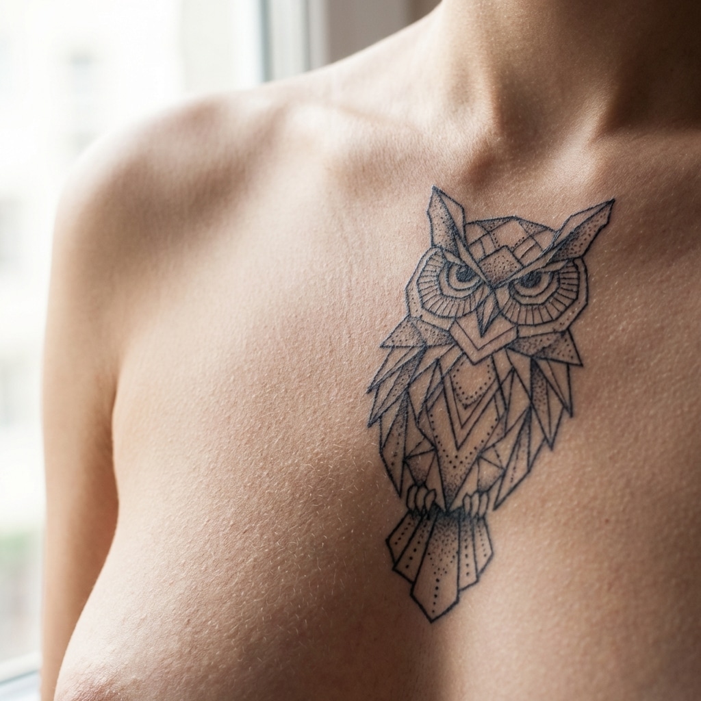 inkvision-tattoo 20 Geometric owl tattoo on a person's upper chest, featuring intricate linework and shading near a window. | Sky Rye Design Geometric owl tattoo on a person's upper chest, featuring intricate linework and shading near a window.