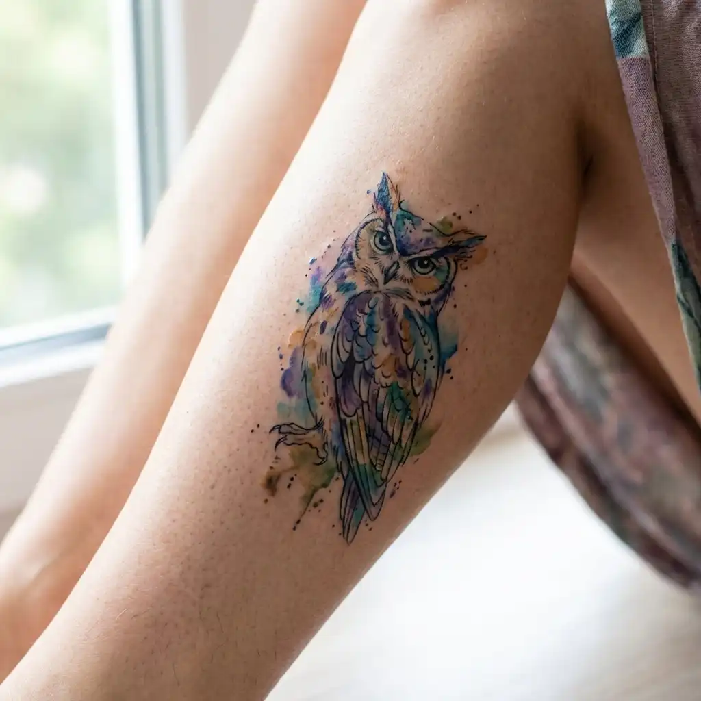 Colorful owl tattoo on a leg with watercolor effect, featuring vibrant blues, purples, and yellows, near a sunlit window.