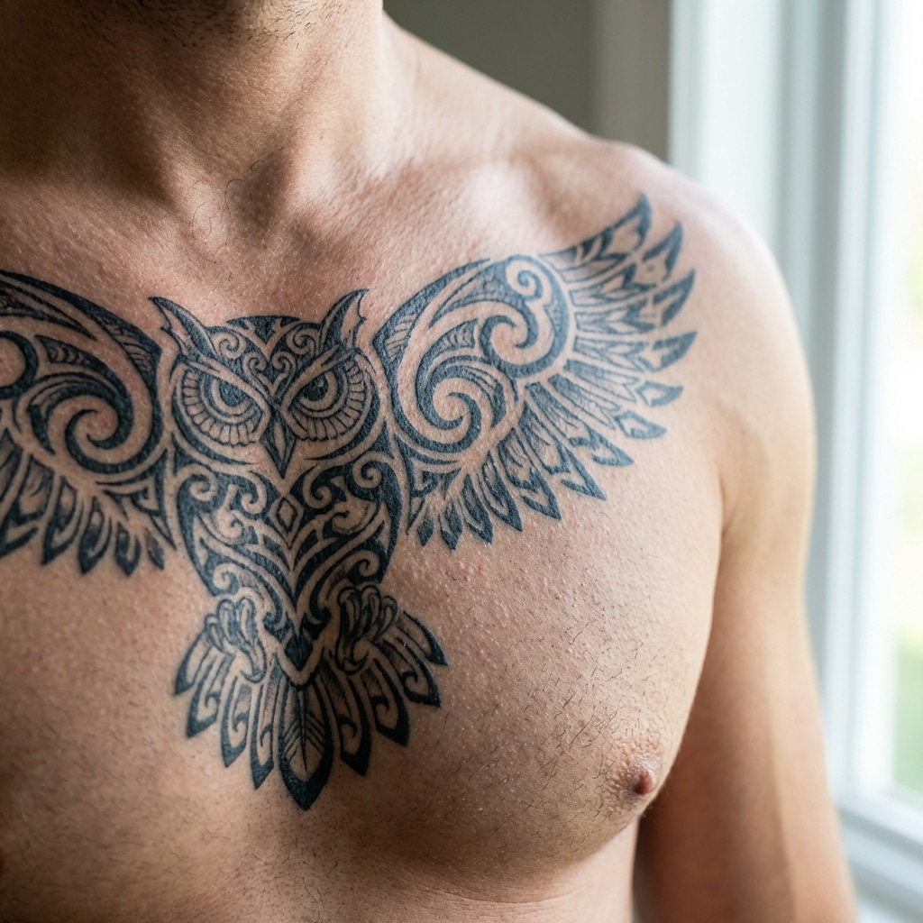 inkvision-tattoo 23 Intricate owl chest tattoo design on a man's upper body near a window, showcasing detailed patterns and wing spread. | Sky Rye Design Intricate owl chest tattoo design on a man's upper body near a window, showcasing detailed patterns and wing spread. Owl Tattoo Symbolize