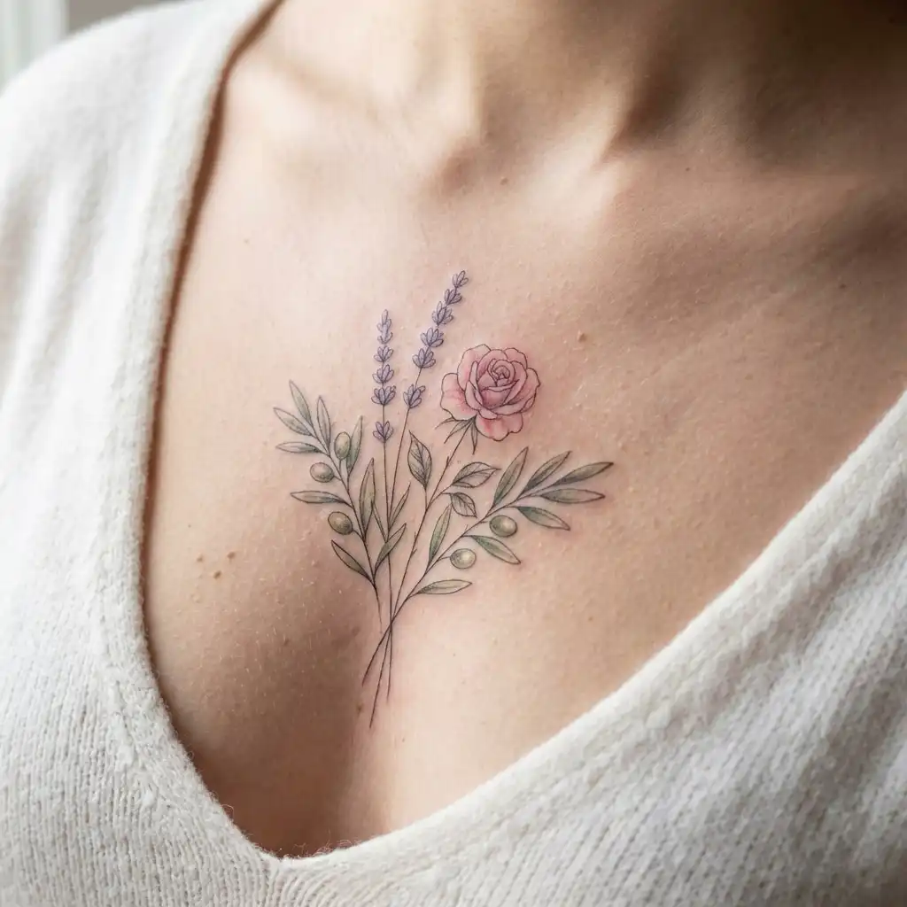 Floral chest tattoo of lavender and a rose on a person wearing a white V-neck sweater, showcasing delicate design and artistry.