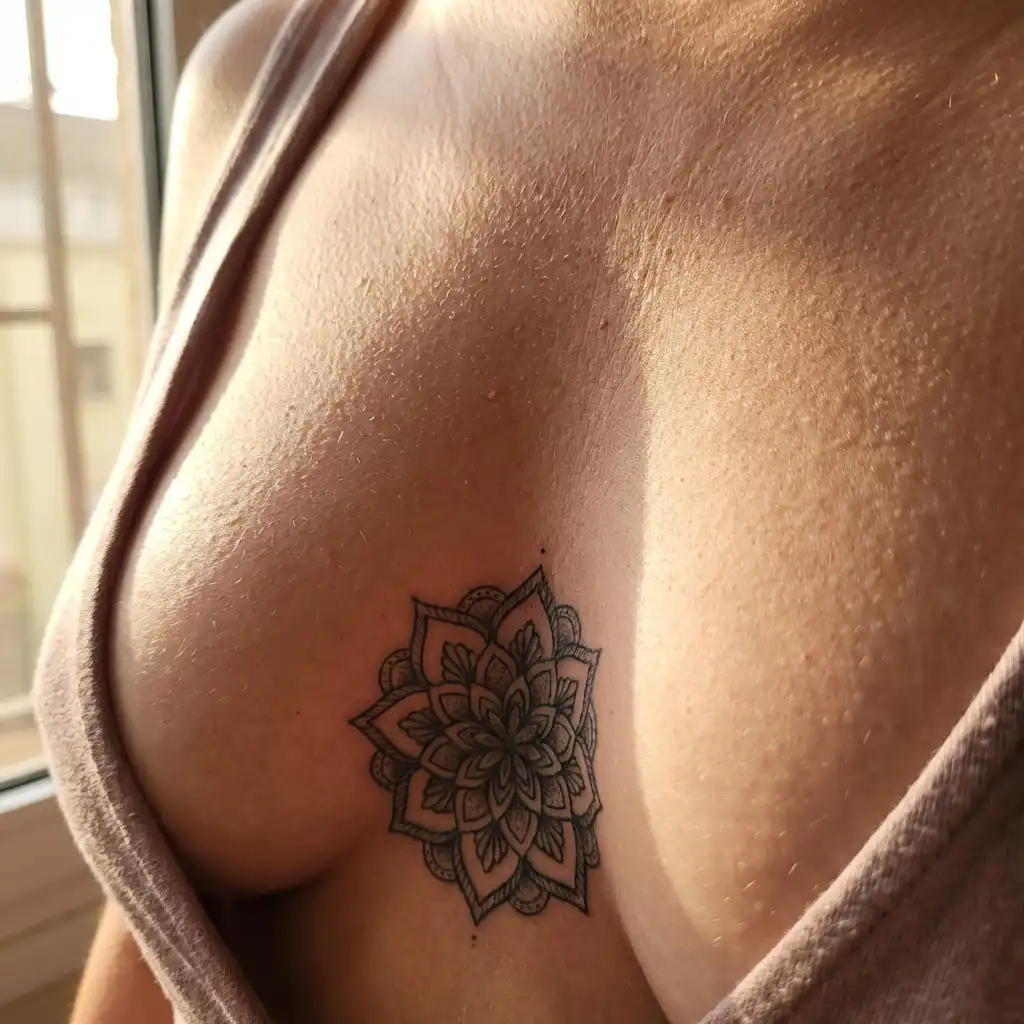 Close-up of a geometric floral tattoo on skin, enhanced by natural sunlight through a nearby window, showcasing intricate details.