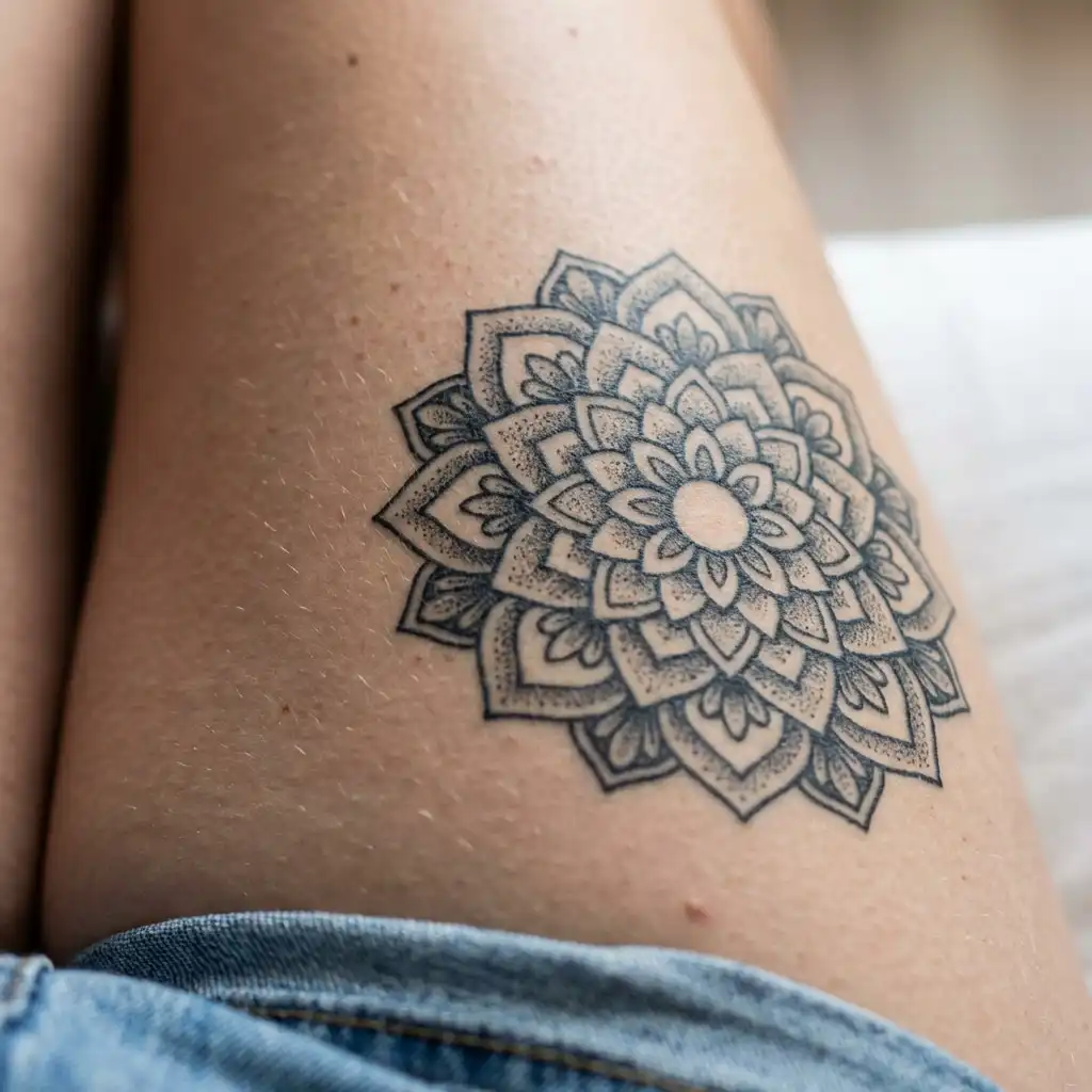 Intricate mandala tattoo on thigh, featuring detailed black patterns and surrounded by denim fabric.