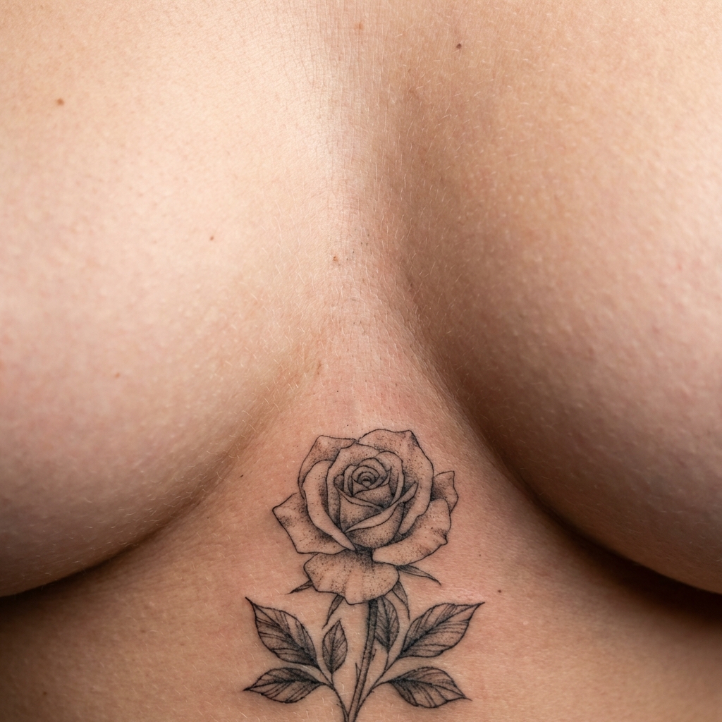 Close-up of a rose tattoo between cleavage, featuring detailed linework on skin. Perfect for tattoo inspiration and design ideas.