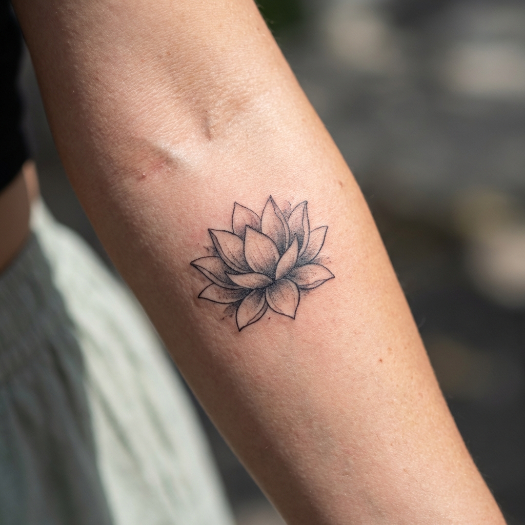 Minimalist lotus flower tattoo on forearm, showcasing detailed linework and shading for elegant body art inspiration.