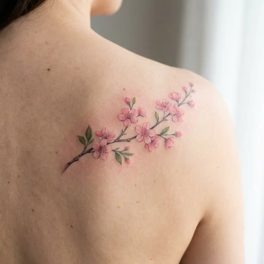 Cherry blossom tattoo on shoulder, featuring pink flowers and green leaves. Delicate floral design for a feminine touch.