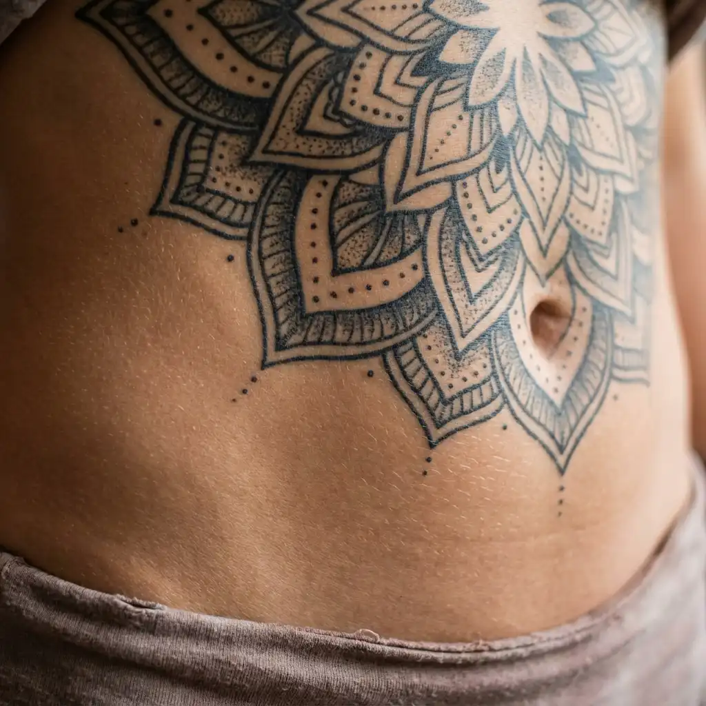 inkvision-tattoo Mandala tattoo design on a person's belly, showcasing intricate patterns and dot detailing. | Sky Rye Design Mandala tattoo design on a person's belly, showcasing intricate patterns and dot detailing.