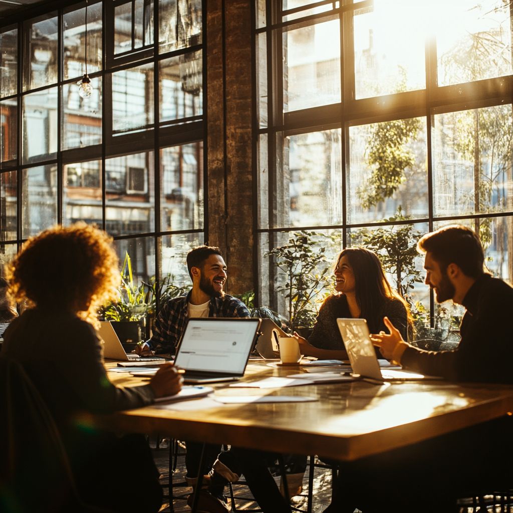 it startup 3 Professionals collaborating with laptops in a sunlit modern office with large windows and plants. Teamwork and productivity concept. | Sky Rye Design Professionals collaborating with laptops in a sunlit modern office with large windows and plants. Teamwork and productivity concept.