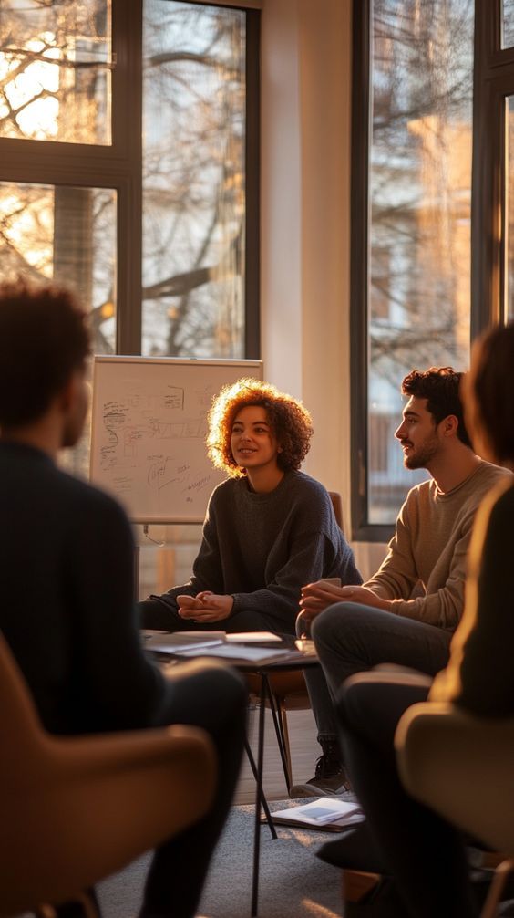 it startup 4 Team meeting in a sunlit office, with people discussing around a table and a whiteboard in the background. | Sky Rye Design Team meeting in a sunlit office, with people discussing around a table and a whiteboard in the background.