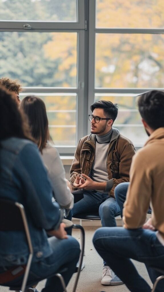 it startup 5 Young man in glasses leading a group discussion indoors, sitting together near large windows with autumn trees visible outside. | Sky Rye Design Young man in glasses leading a group discussion indoors, sitting together near large windows with autumn trees visible outside.