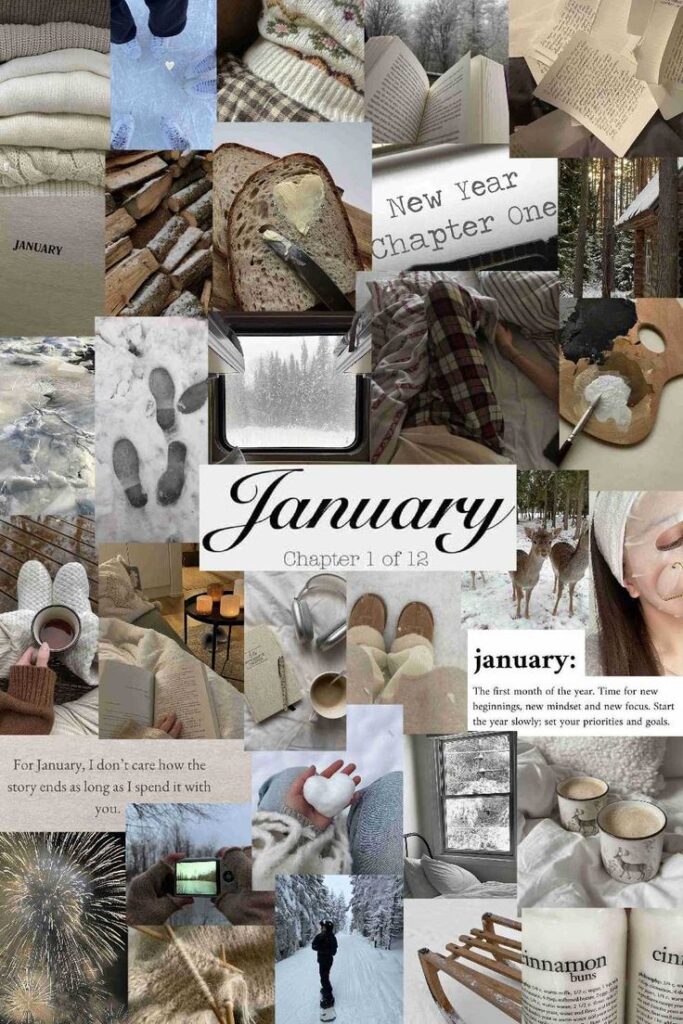 Collage of cozy January themes: winter landscapes, books, warm drinks, and symbolic fresh starts with January, Chapter 1 of 12.