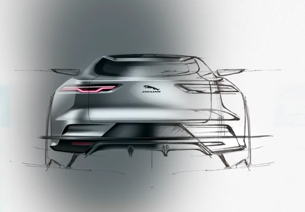 Rear sketch of a Jaguar concept car showcasing sleek design and modern taillights, highlighting automotive innovation.