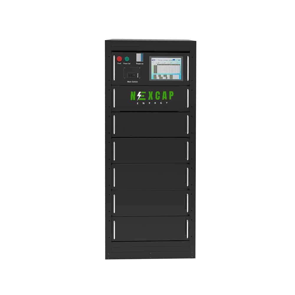 Black Nexcap Energy battery storage unit with control panel and screen display.