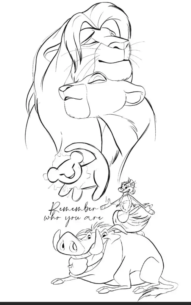 Black and white illustration of lions cuddling, with meerkat and warthog duo, and text: Remember who you are.