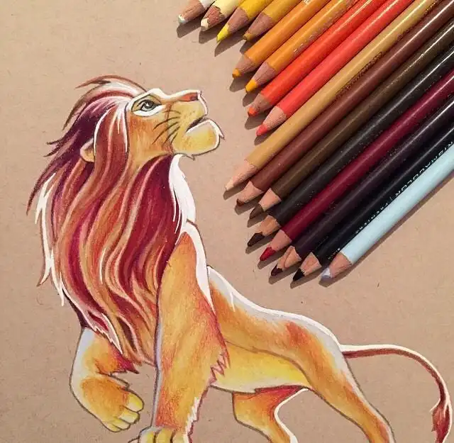Illustrated lion drawn with colored pencils on paper, featuring vibrant shades of yellow, red, and brown for a creative art piece.