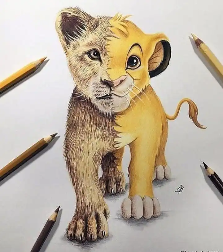 Half-realistic, half-cartoon lion cub drawing surrounded by pencils, showcasing artistic contrast and creativity.