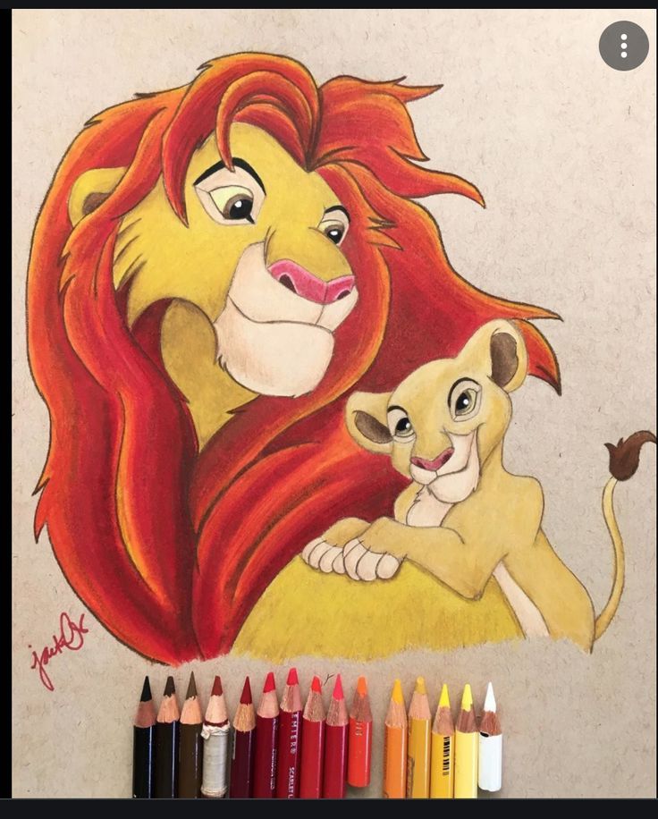 Color pencil drawing of two cartoon lions, showcasing vibrant hues and artistic detail. Pencils are lined up beneath the drawing.