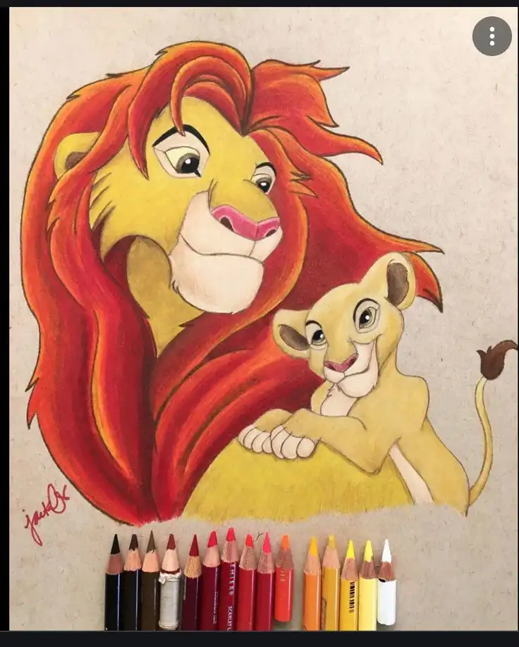 Color pencil drawing of two cartoon lions, showcasing vibrant hues and artistic detail. Pencils are lined up beneath the drawing.