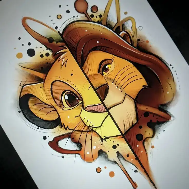 Stylized illustration of a young lion transforming into an adult, with vibrant colors and abstract splatter elements for artistic effect.