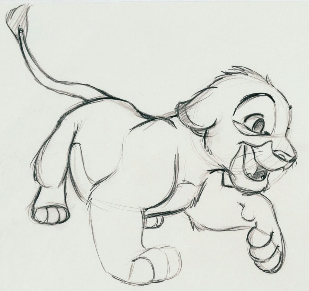 Sketch of a playful lion cub running joyfully, showcasing expressive lines and dynamic motion. Ideal for animation and illustration themes.