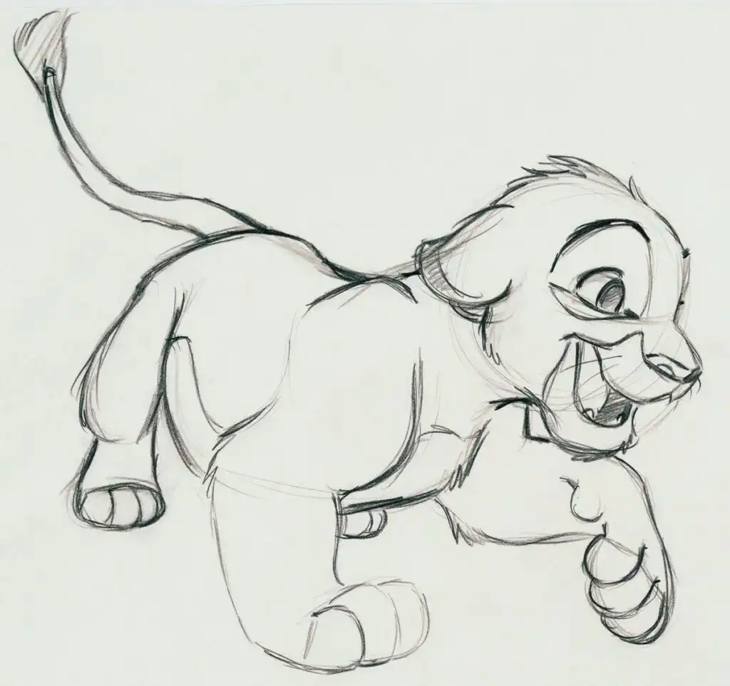 Sketch of a playful lion cub running joyfully, showcasing expressive lines and dynamic motion. Ideal for animation and illustration themes.