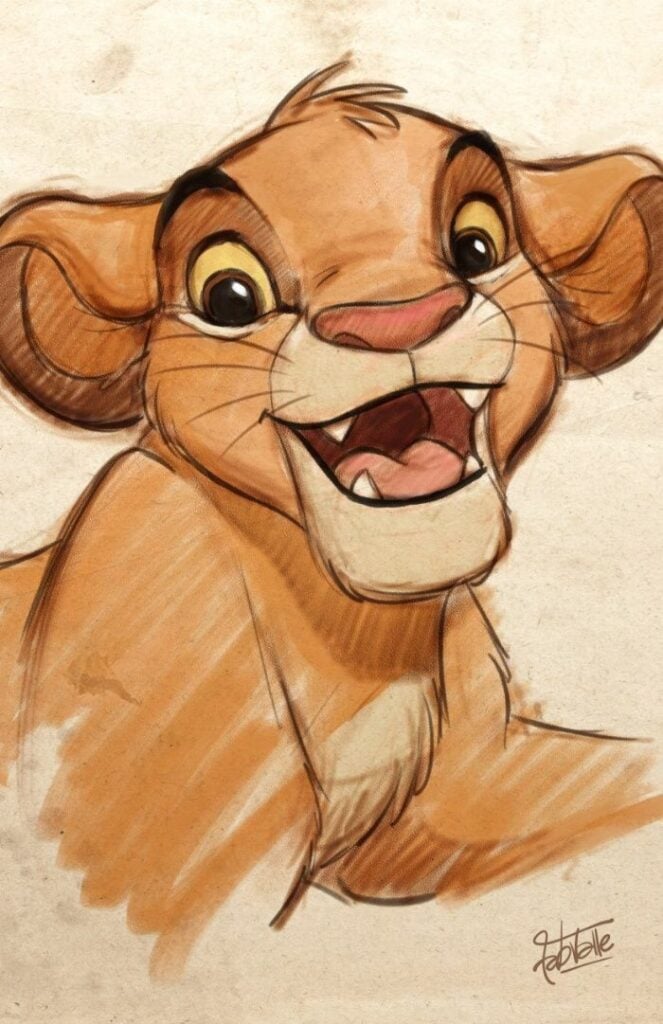 Smiling cartoon lion cub sketch with wide eyes and fluffy mane on a textured background.