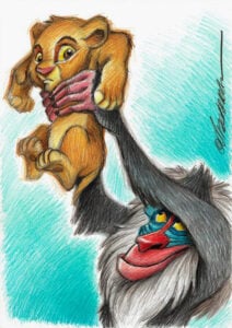 Illustrated scene of a colorful mandrill holding up a lion cub in bright light, with vivid colors demonstrating an iconic moment.