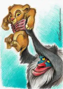 Illustrated scene of a colorful mandrill holding up a lion cub in bright light, with vivid colors demonstrating an iconic moment.