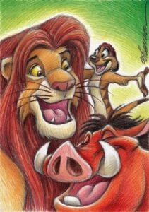 Colorful illustration depicting a joyful lion, meerkat, and warthog trio from an animated movie, smiling against a vibrant green background.