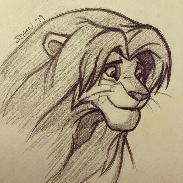 Sketch of a smiling lion with a lush mane, showcasing detailed pencil shading and artistry, signed by Steen in 2019.