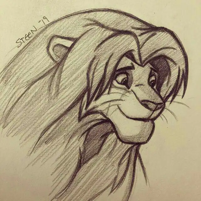 Sketch of a smiling lion with a lush mane, showcasing detailed pencil shading and artistry, signed by Steen in 2019.