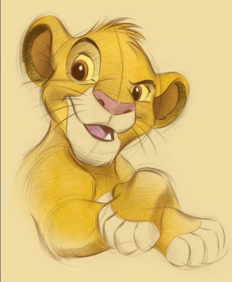 Animated lion cub sketch with a playful expression, featuring large eyes, a mischievous grin, and soft yellow fur tones.