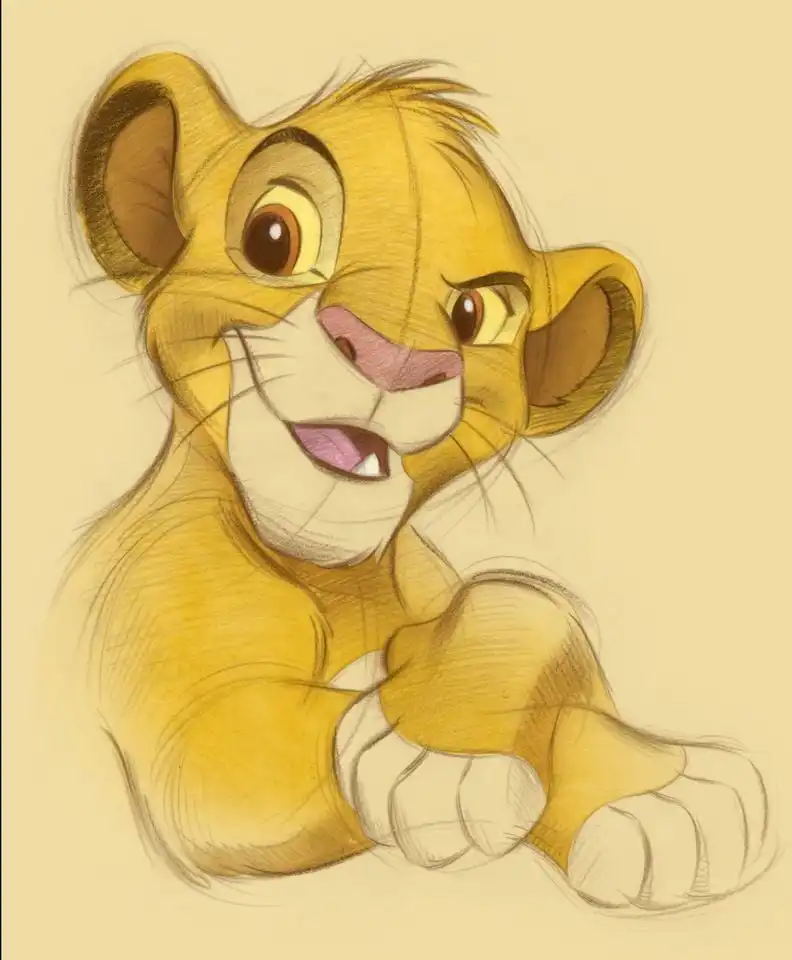 Animated lion cub sketch with a playful expression, featuring large eyes, a mischievous grin, and soft yellow fur tones.
