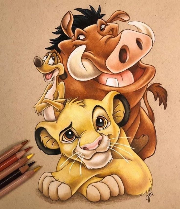 A colored pencil drawing of a lion cub, meerkat, and warthog on tan paper, showcasing vibrant details and characters.