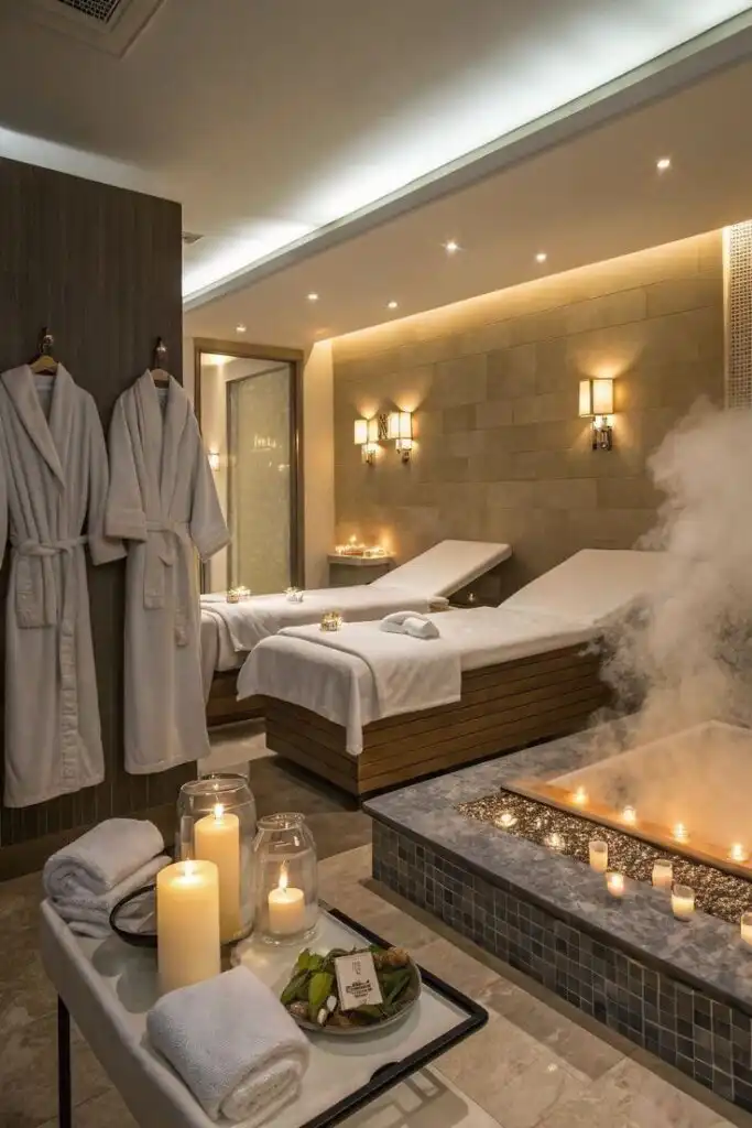Luxurious spa room with cozy loungers, lit candles, fluffy robes, and a steaming hot tub, offering a serene relaxation experience.