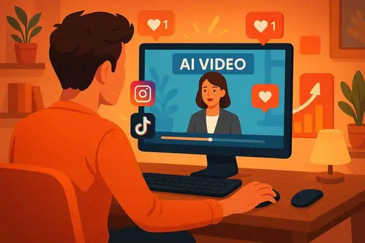 Person watching an AI-generated video on a computer, surrounded by social media icons and engagement hearts, highlighting digital content creation.