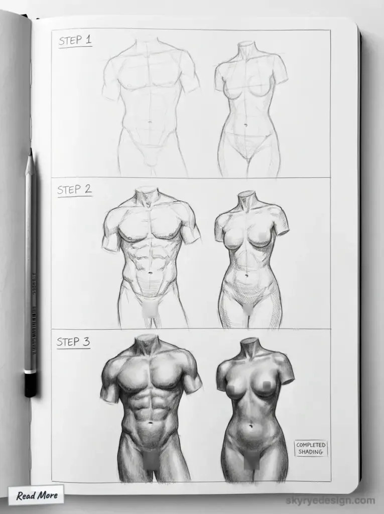 Step-by-step male and female torso drawing progression in pencil, detailing anatomy and shading techniques. Male vs Female Body Proportions