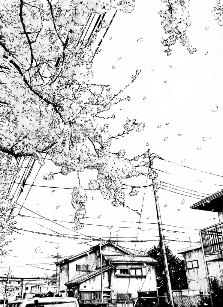 manga-bg-2 Black and white street scene with cherry blossoms and falling petals, power lines, and houses, capturing a serene spring moment. | Sky Rye Design Black and white street scene with cherry blossoms and falling petals, power lines, and houses, capturing a serene spring moment.