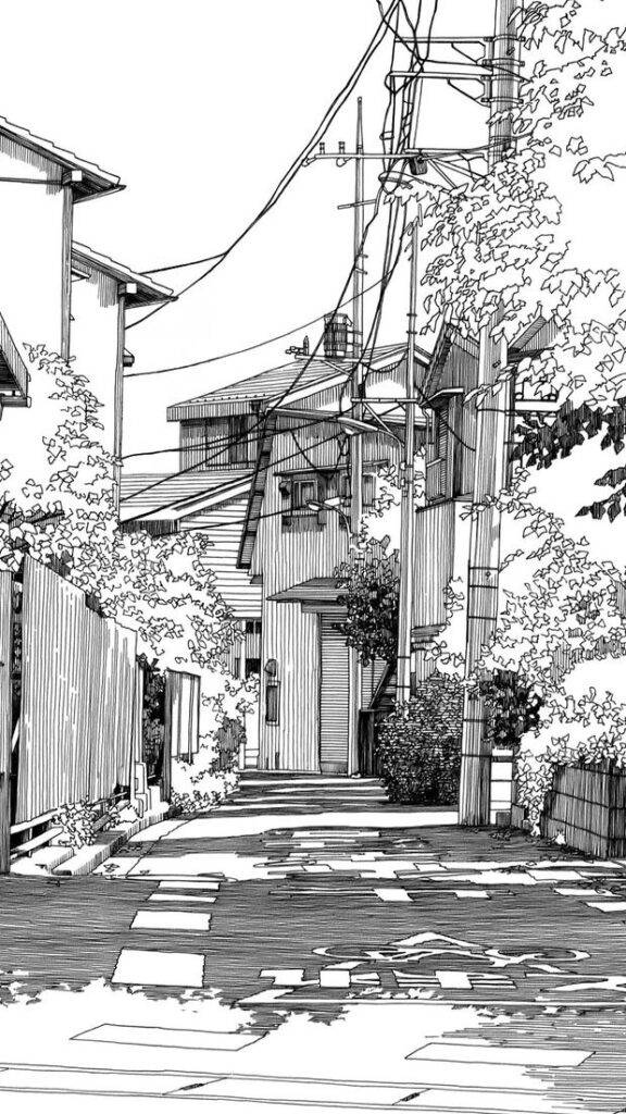 manga-bg Monochrome illustration of a narrow Japanese street lined with houses and power lines, creating a serene urban scene. | Sky Rye Design Monochrome illustration of a narrow Japanese street lined with houses and power lines, creating a serene urban scene.