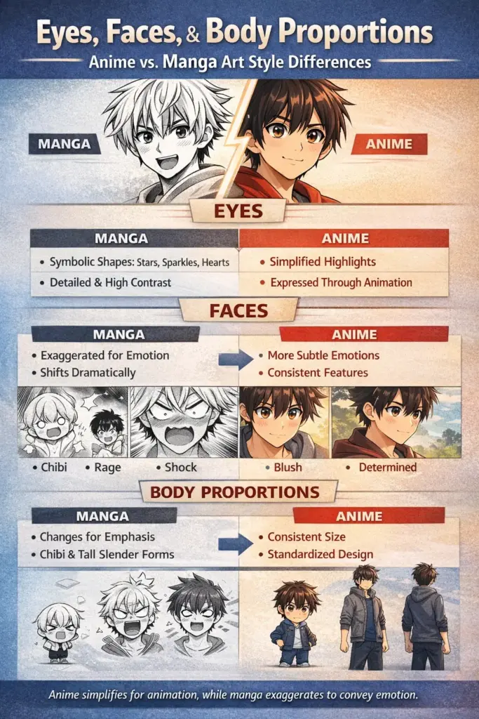 manga-vs-anime-2 Comparison of anime and manga art styles showing differences in eyes, faces, and body proportions for conveying emotions. | Sky Rye Design Comparison of anime and manga art styles showing differences in eyes, faces, and body proportions for conveying emotions.