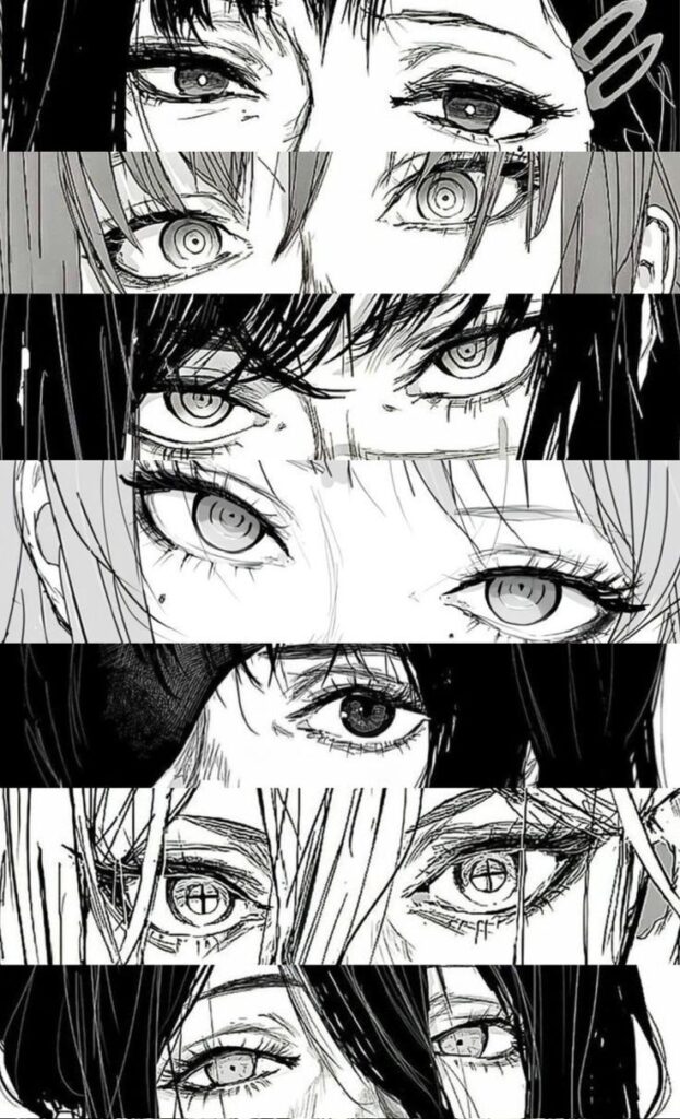 manga-vs-anime-4 Close-up of intense anime eyes in black and white manga style, showcasing detailed artistry and varied emotional expressions. | Sky Rye Design Close-up of intense anime eyes in black and white manga style, showcasing detailed artistry and varied emotional expressions.